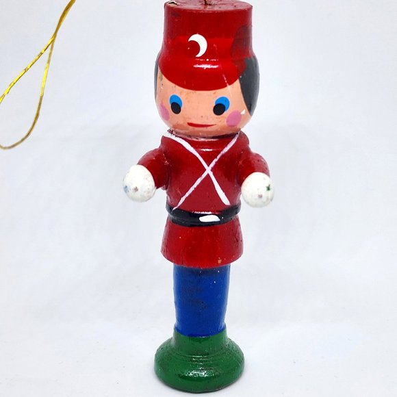 Vintage Christmas Standing Tin Soldier Hand Painted Wood Ornament - Picture 1 of 8